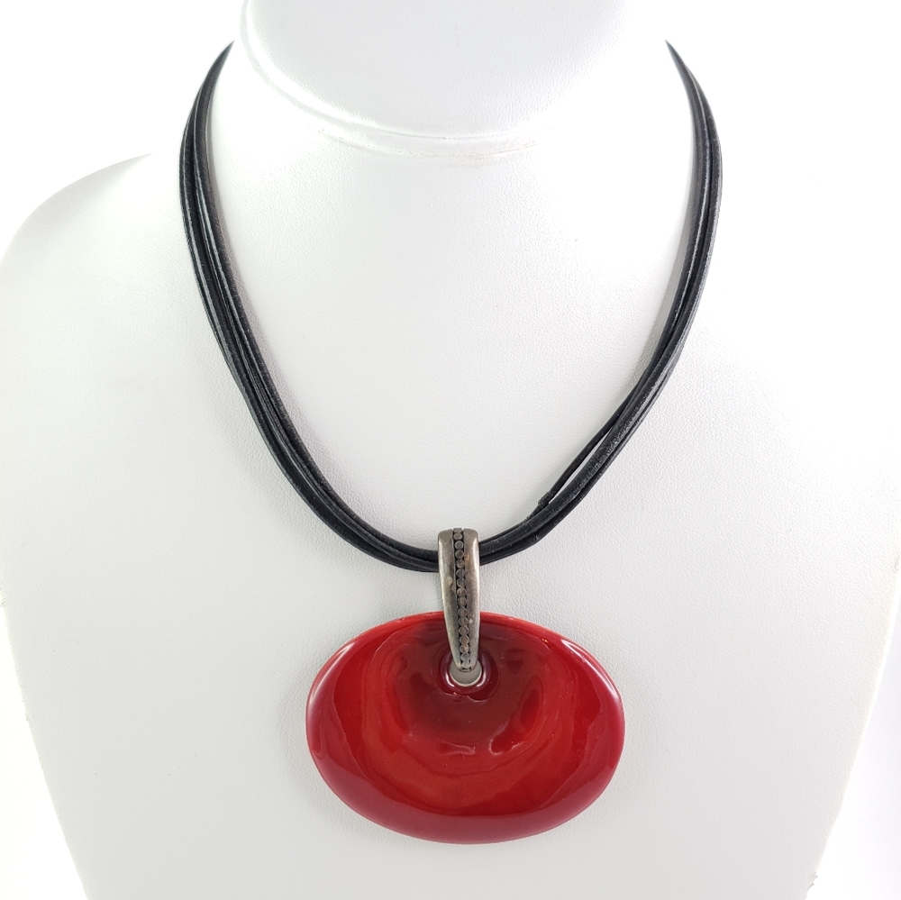 Chico's Necklace Red Chunky Pendant Black Cord